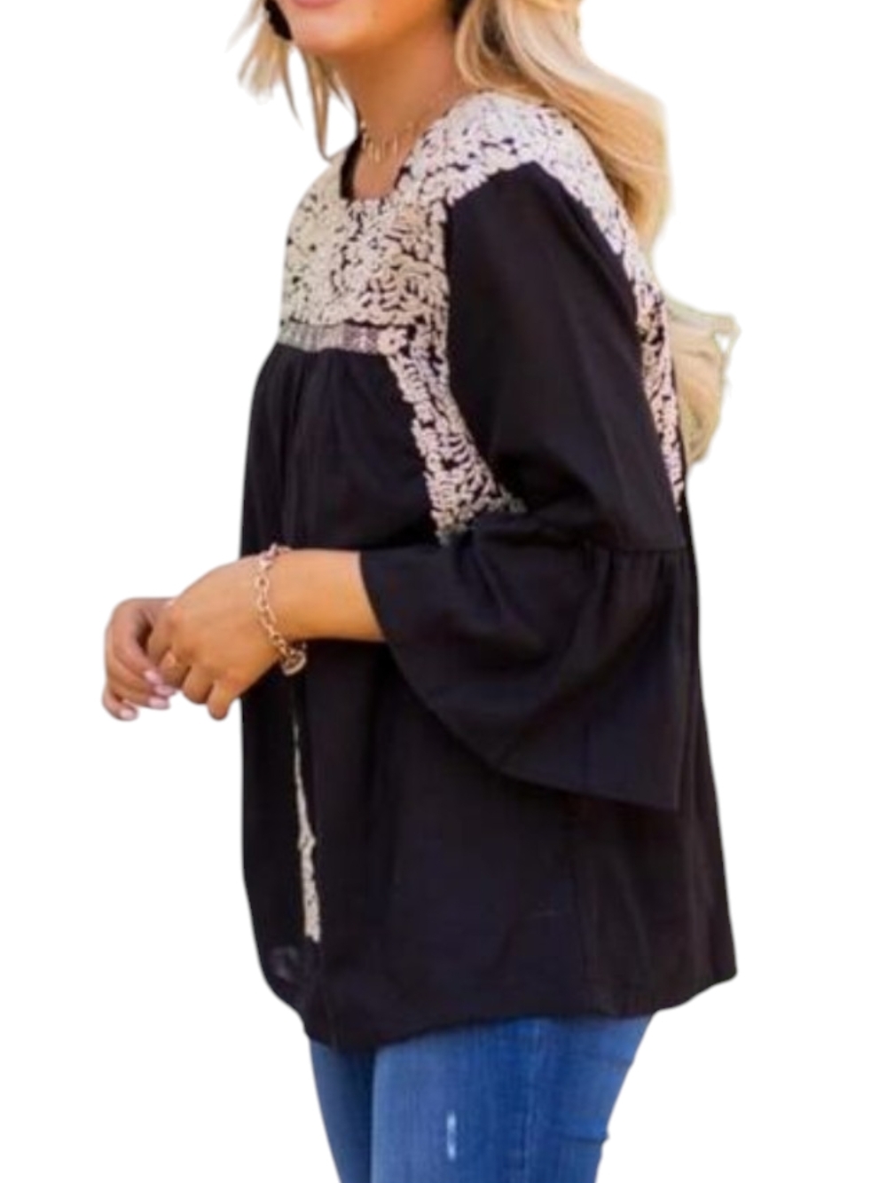 j. Marie The Amanda Black/Cream Embroidered Bell-Sleeve Peasant Blouse - Picture 2 of 11